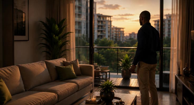 A quiet apartment balcony at sunset, overlooking the city