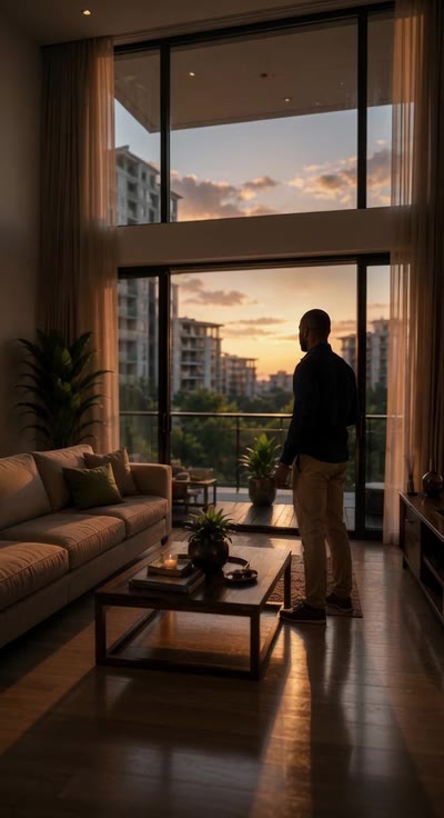 A quiet apartment balcony at sunset, overlooking the city